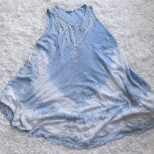 Blue Tie-Dye Embroidered Sleeveless Boho Dress